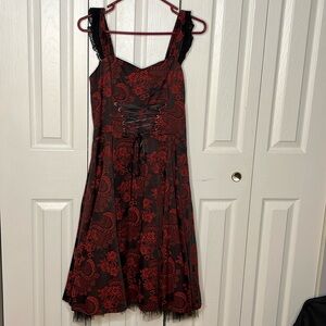 Hearts & Roses Black and Red Brocade Dress with Faux Corset